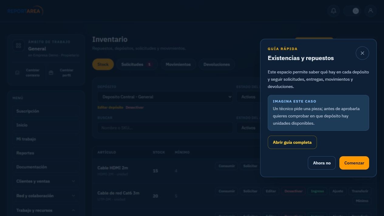 Lifecycle de activos, componentes e inventario de ReportArea en español