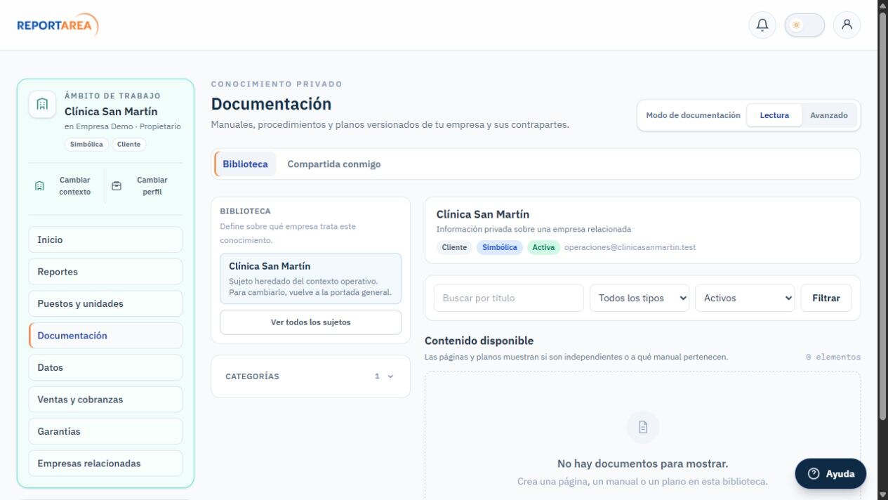 Biblioteca de documentación de ReportArea en modo Lectura con manuales, páginas y planos agrupados