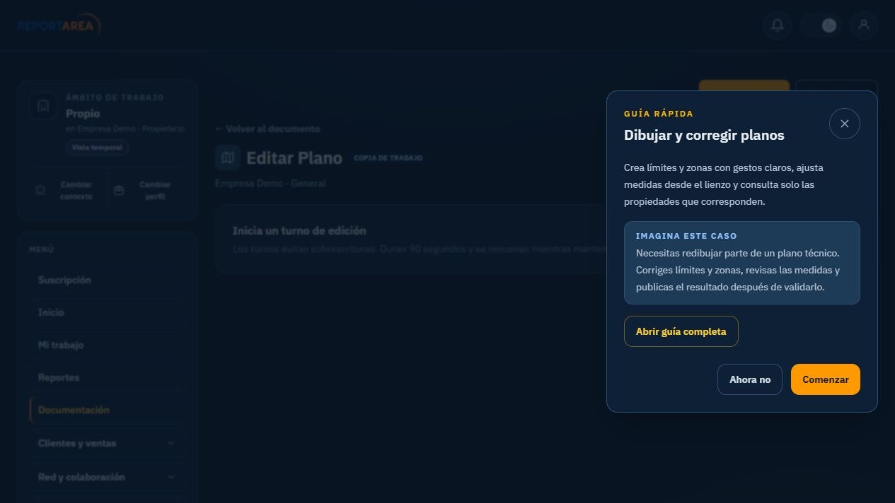 Editor de planos de ReportArea con límite visible, zona seleccionada, tiradores de redimensionado y propiedades contextuales