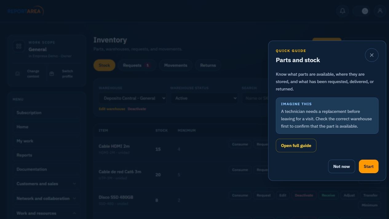 ReportArea asset, component, and inventory lifecycle in English