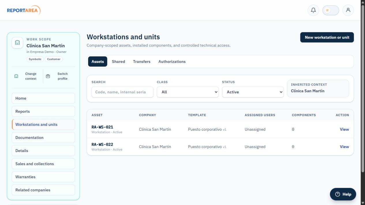 Per-company asset transfers and authorizations in ReportArea in English