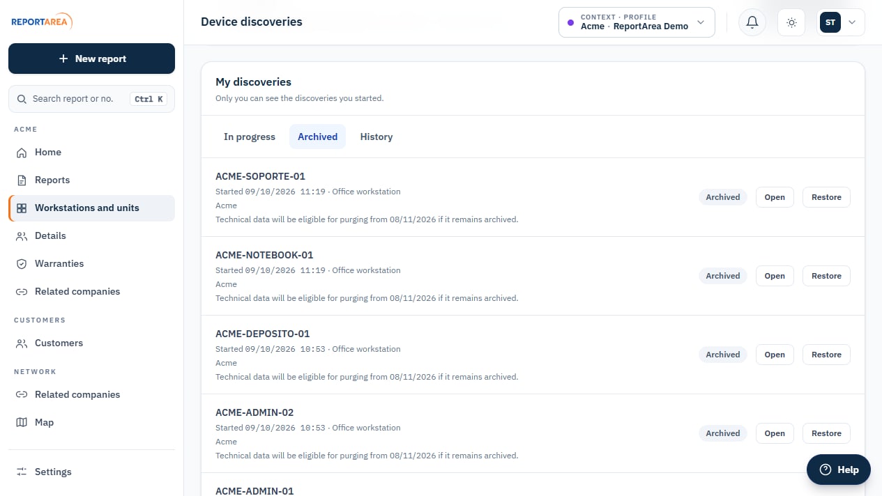 ReportArea archived discoveries in English with company, retention date, and restore actions