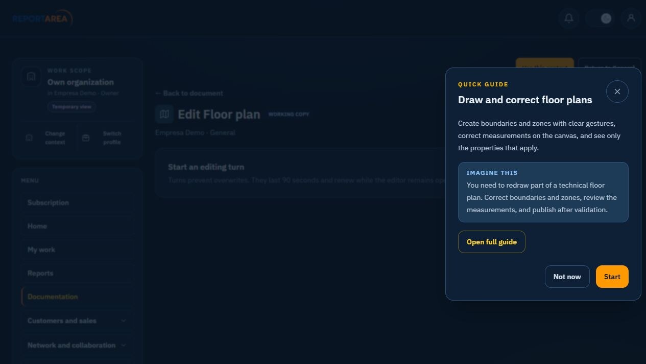 ReportArea floor plan editor with a visible boundary, selected zone, resize handles, and contextual properties