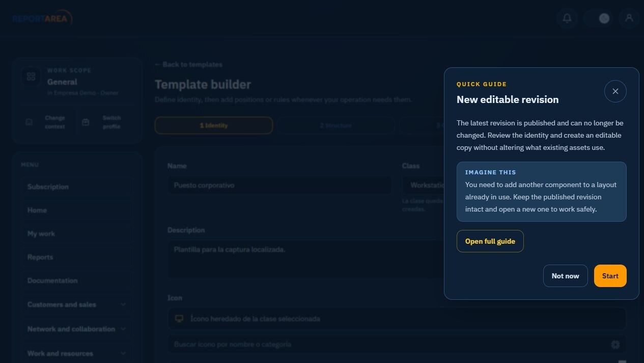 ReportArea equipment template builder explaining that structure is optional and can be completed later
