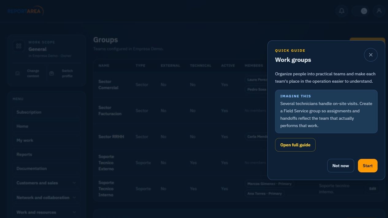ReportArea group, member, and service-chain configuration in English