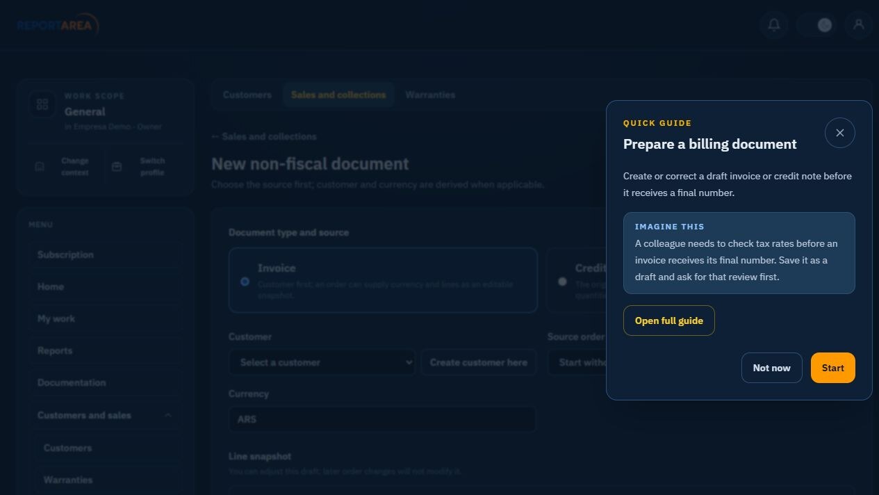 ReportArea guided invoice or credit-note creation in English
