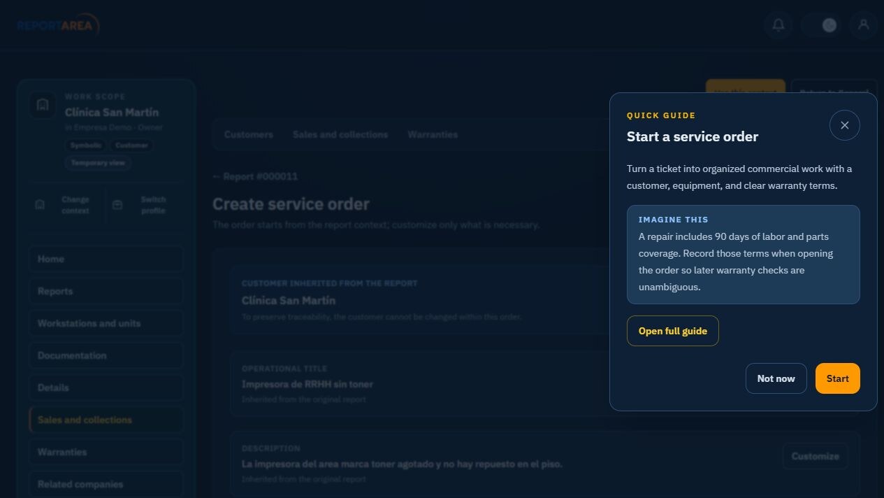 ReportArea service order with inherited customer and ticket context in English