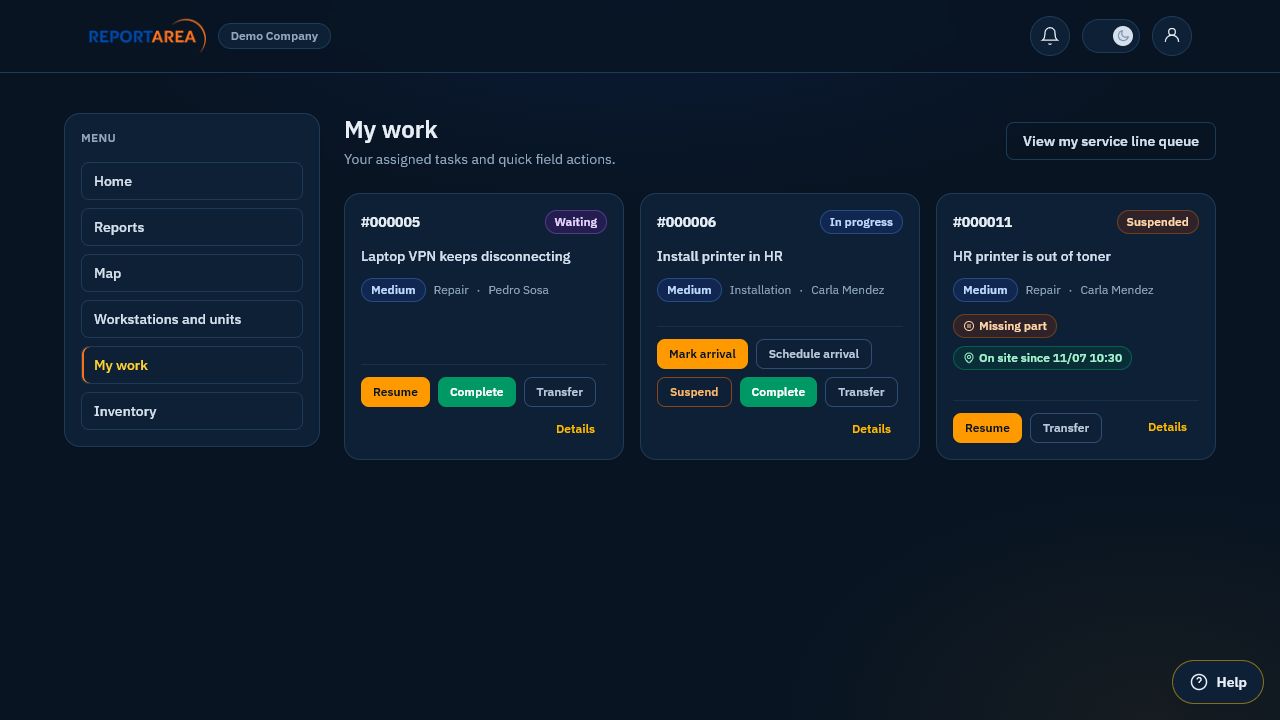 ReportArea My work panel with assigned jobs and quick field actions