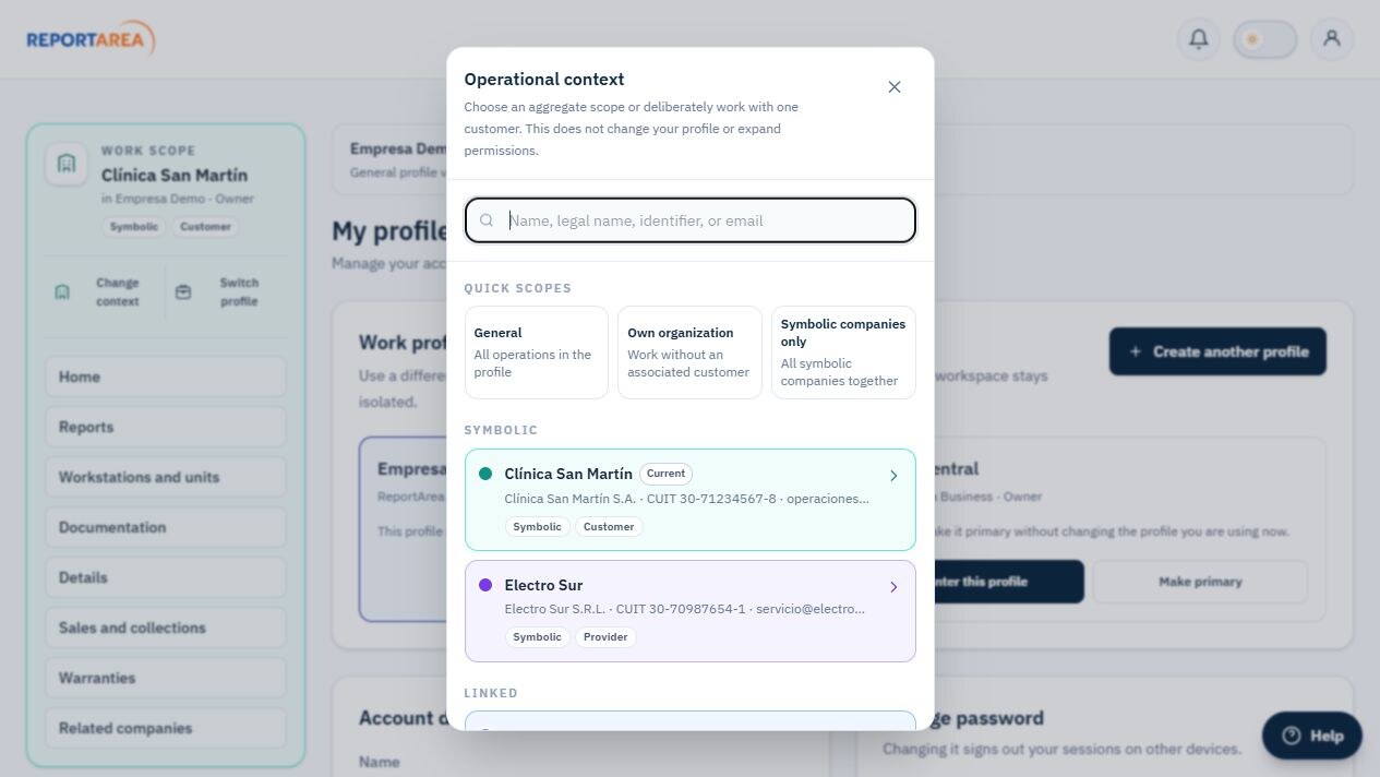 ReportArea Work scope side card in English with operational context, profile, and visual accent