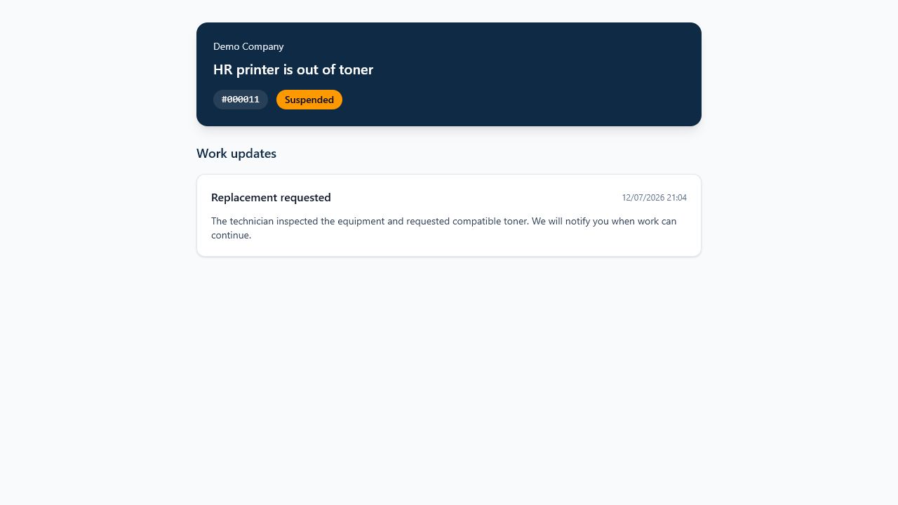 Public ReportArea tracking page with the job status and one customer update