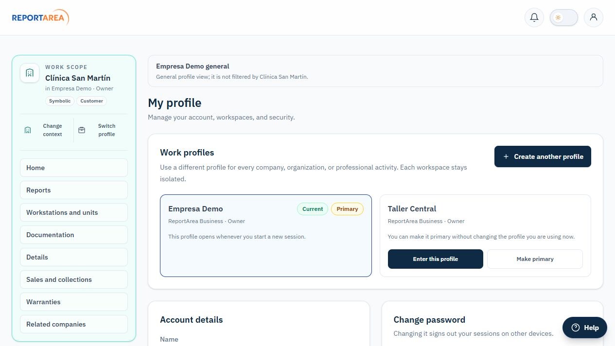 ReportArea profile management with multiple environments and a side card identifying the current work scope