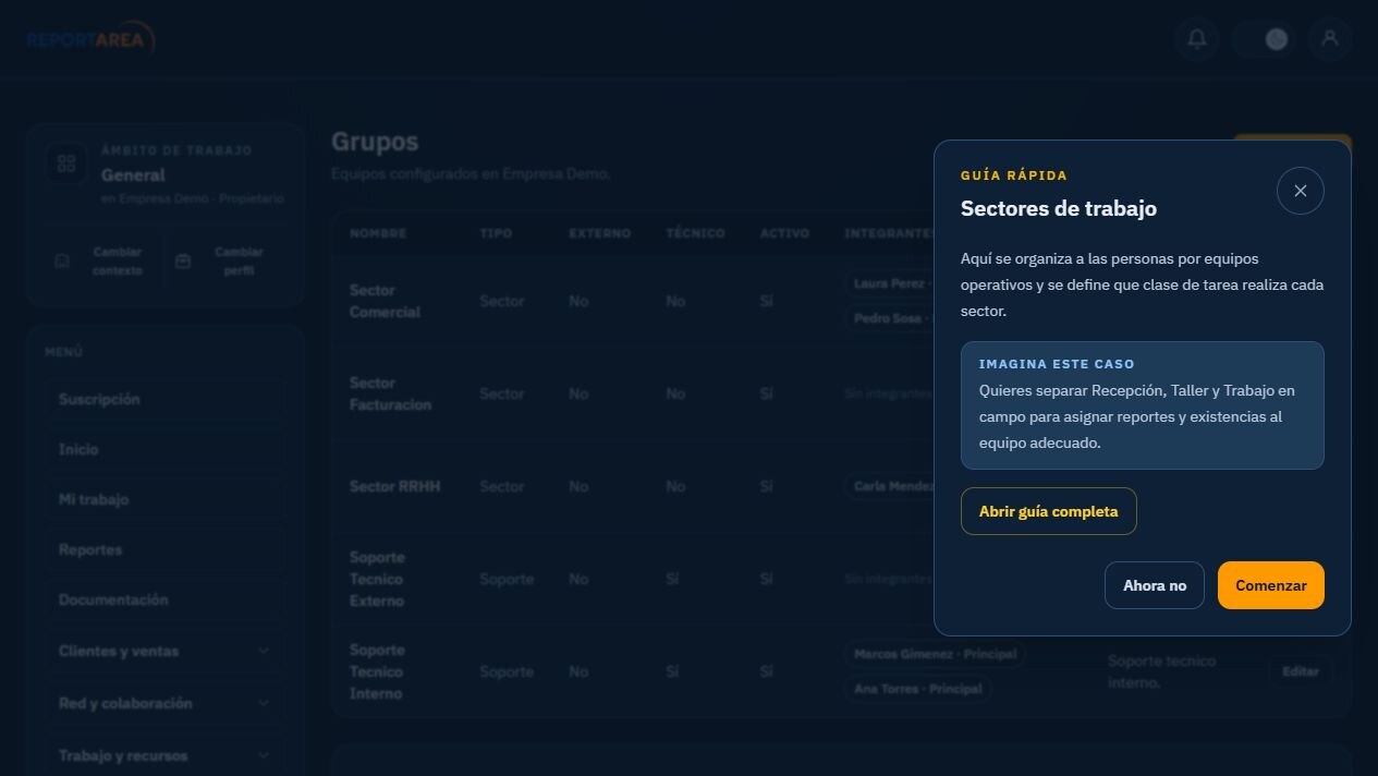 Configuración de grupos, integrantes y cadenas de servicio de ReportArea en español