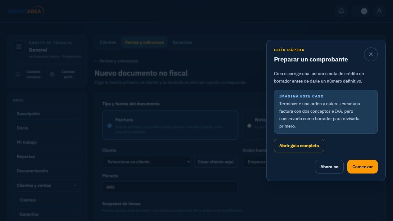 Alta guiada de factura o nota de crédito en ReportArea en español