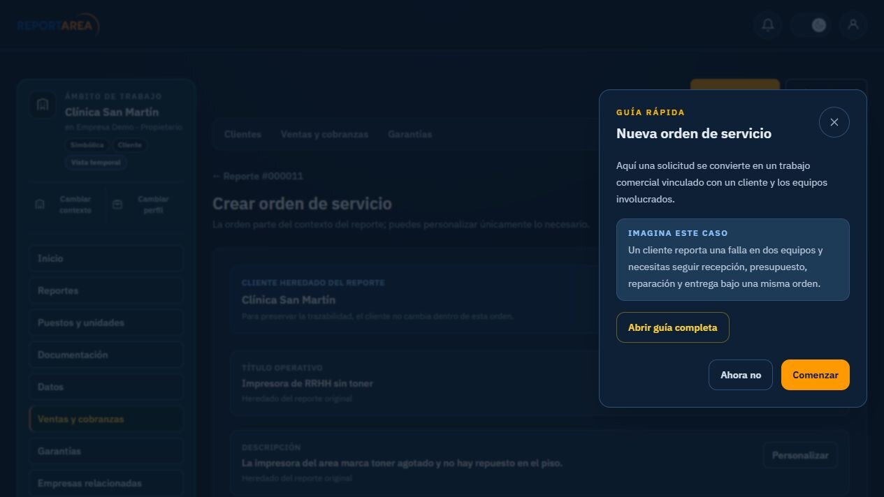 Orden de servicio con cliente y contexto heredados en ReportArea en español
