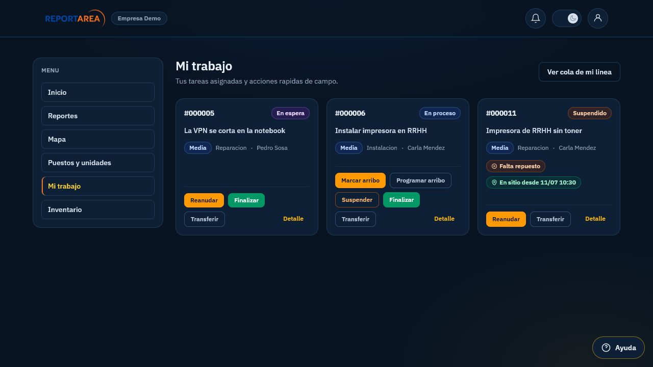 Panel Mi trabajo de ReportArea con tareas asignadas y acciones rapidas de campo