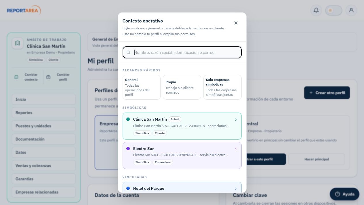 Tarjeta lateral Ámbito de trabajo de ReportArea en español con contexto operativo, perfil y acento visual
