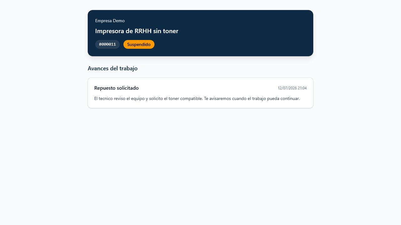 Seguimiento publico de ReportArea con estado del trabajo y un avance publicado para el cliente