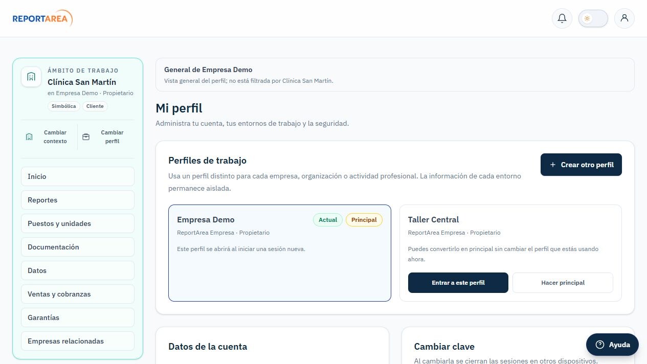 Gestión de perfiles de ReportArea con varios entornos y una tarjeta lateral que identifica el ámbito de trabajo actual